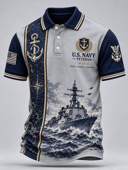 Men's Retro Navy Veteran Art Print Polo Shirt