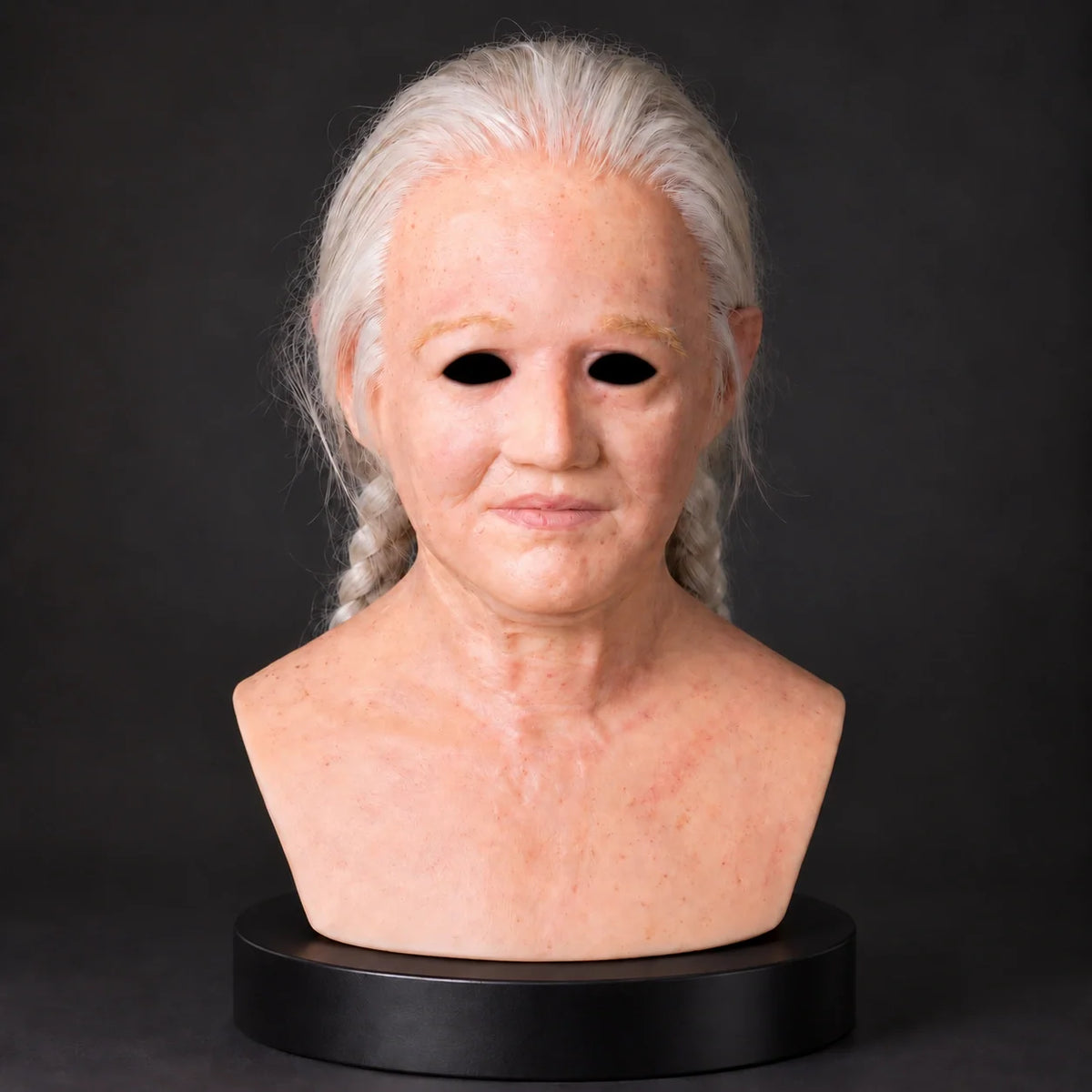 Curly Silver-Haired Elderly Woman Silicone Mask with Bushy Brows