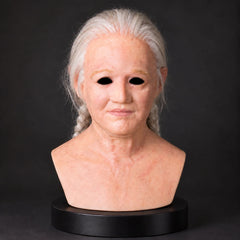 Curly Silver-Haired Elderly Woman Silicone Mask with Bushy Brows