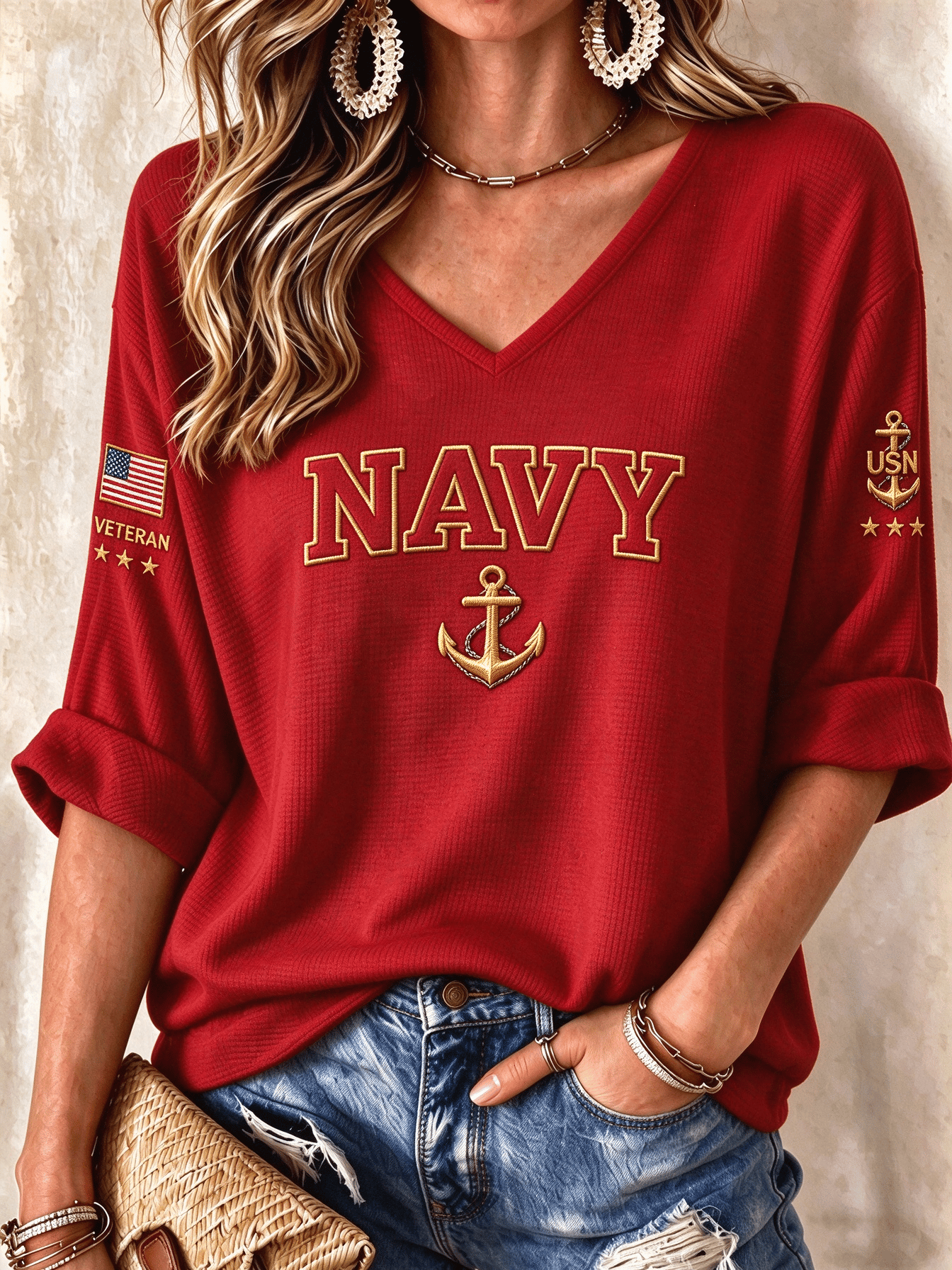 Women's American Veterans Leisure Print Waffle Top