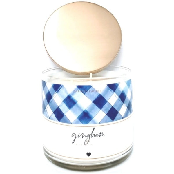 3 Wick Jar Candle 14 oz. White & Blue Gingham