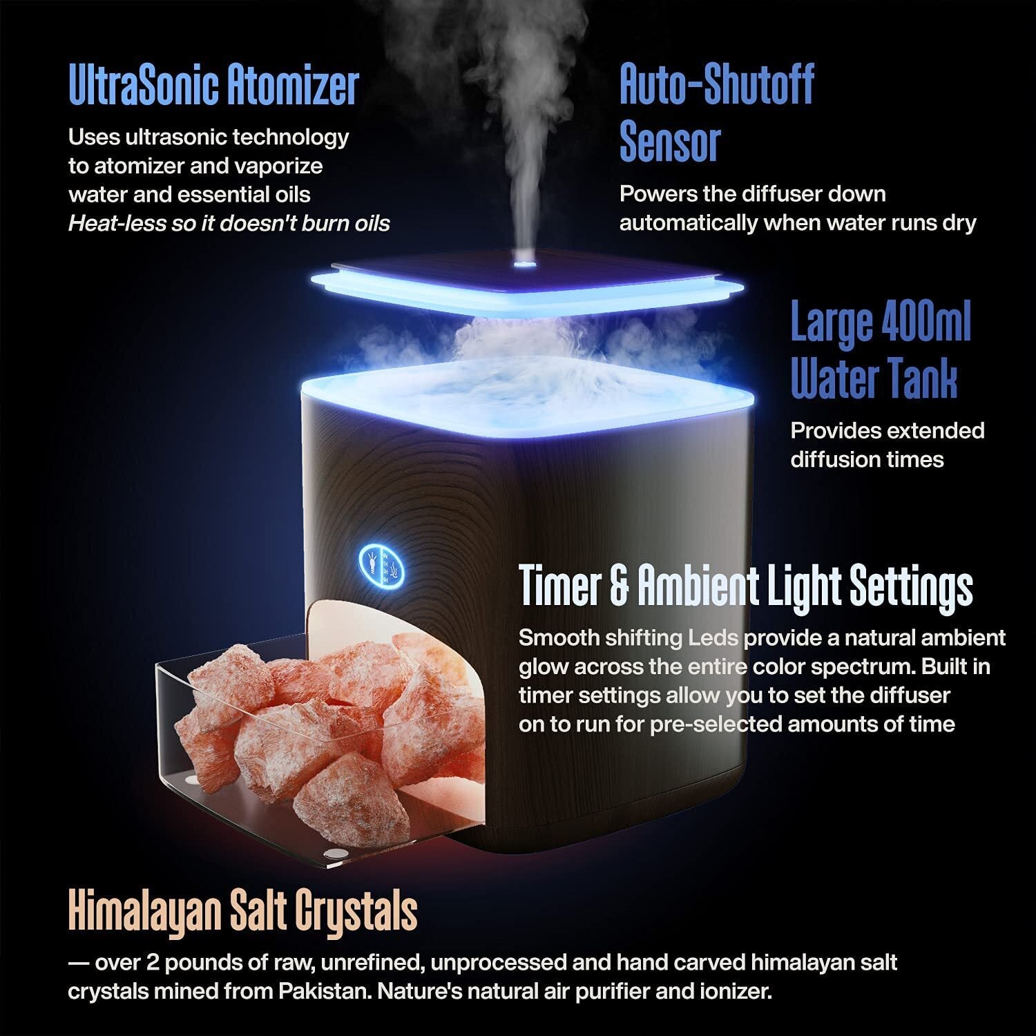 Himalayan Pink Salt Diffuser 400ml Ultrasonic Atomizer and Ionizer with Ambient Light