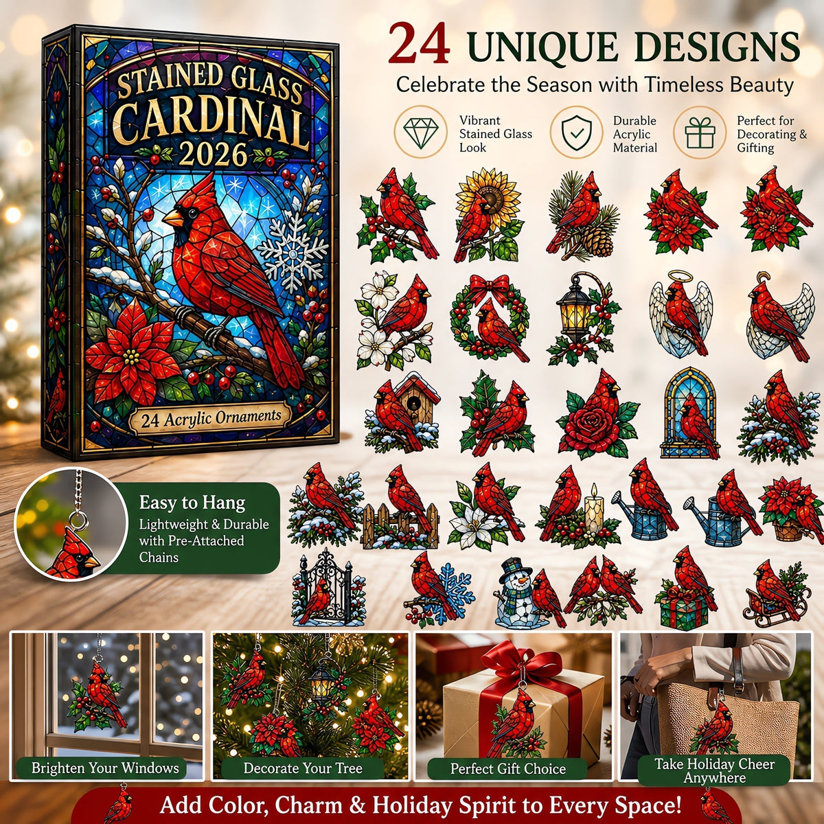 Stained Glass Cardinal Advent Calendar 2026 - 24-Day Festive Countdown, Acrylic Charms Blind Box