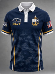 Men's Casual Veterans Color Block Art Print Polo Shirt