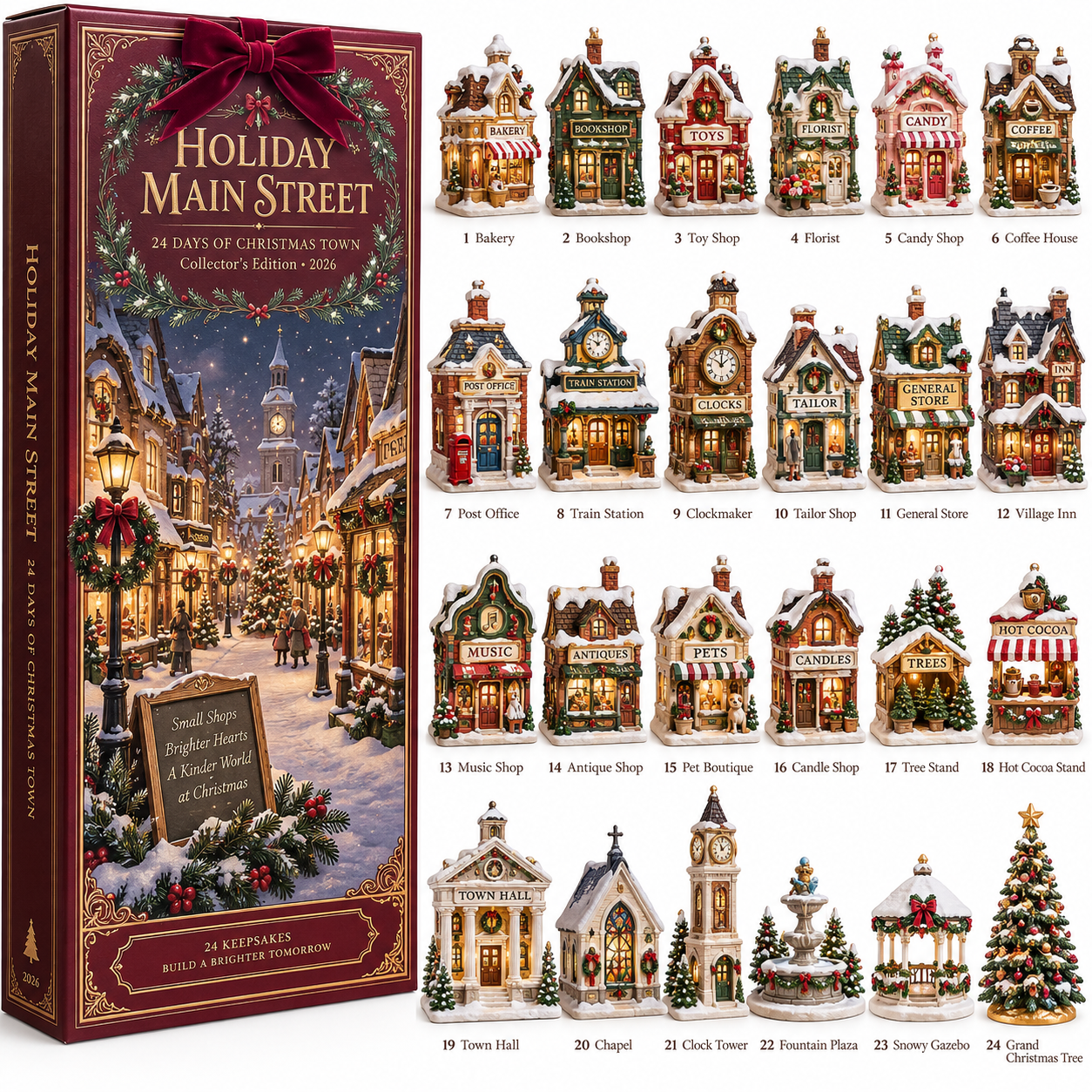 2026 Holiday Main Street 24-Day Christmas Countdown Calendar – 24 Unique Christmas Village Shop Miniatures, Charming Snowy Town Collector’s Gift