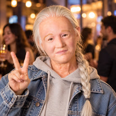 Curly Silver-Haired Elderly Woman Silicone Mask with Bushy Brows