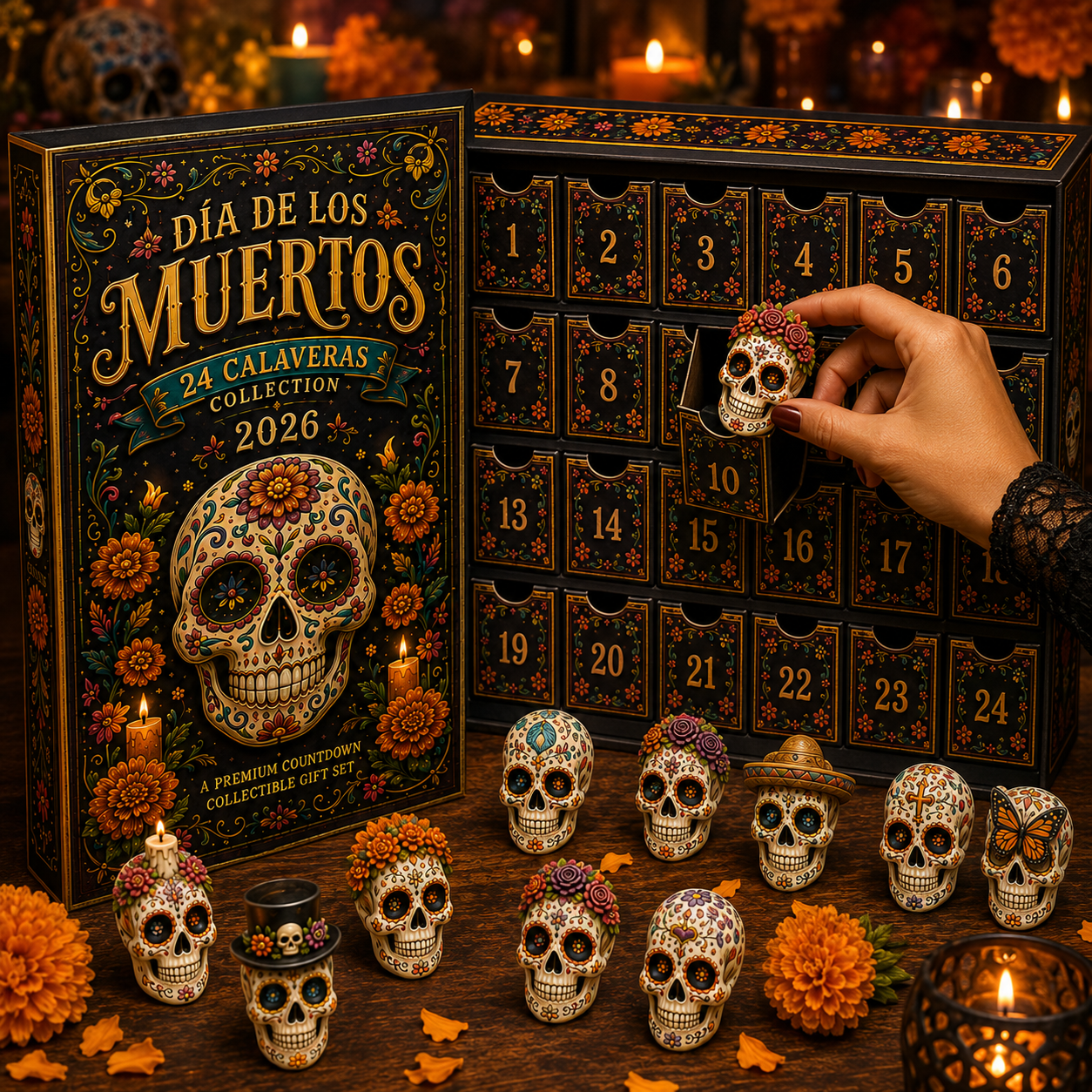 Dia de los Muertos 24-Day Advent Calendar – 24 Collectible Sugar Skull Figurines, Premium Day of the Dead Countdown Gift Set for Collectors & Holiday Lovers