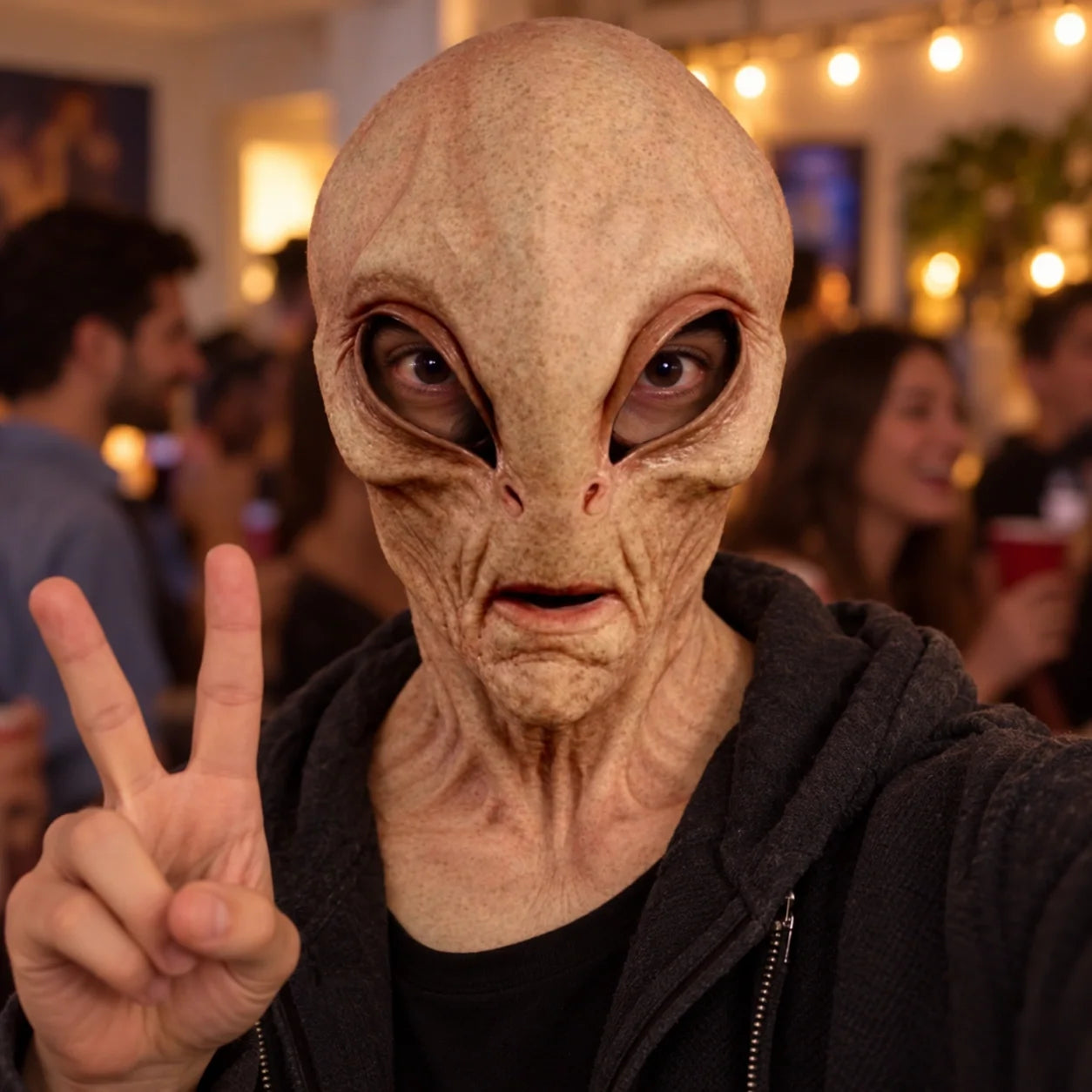 Classic Gray Alien Silicone Mask with Large Black Eyes