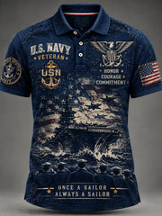 Men's  Retro Veteran Art Print Polo Shirt